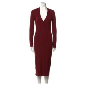 L’acadamie Authentic Solid Burgundy Red Long Sleeve V Neck MIDI Dress Small